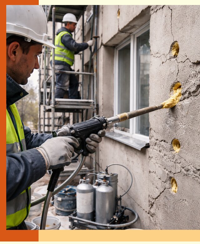 Заполнение пустот в фасаде и утепление стен в Петергофе