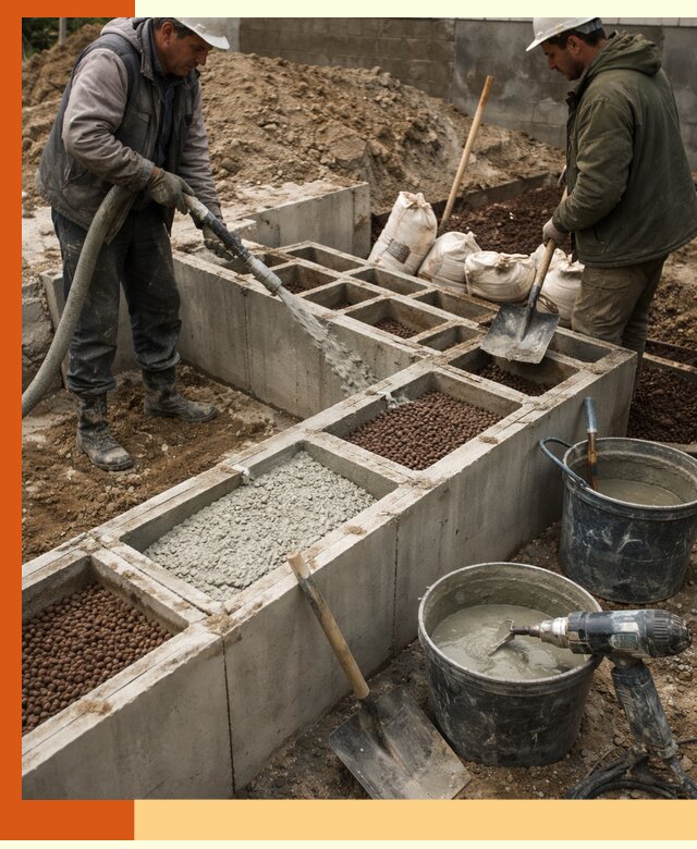Заполнение полостей фундамента в Петергофе герметичным утеплением и повышением прочности